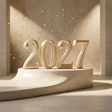 Golden 3d numbers for the year 2027 displayed on a luxury marble podium with festive confetti decoration