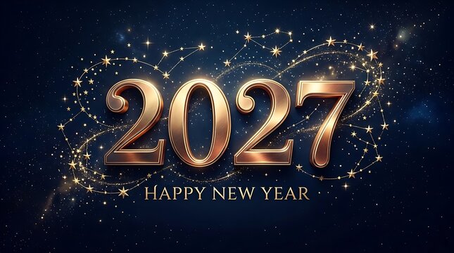 Golden 2027 happy new year greeting card design with glowing stars and sparkles on a dark blue background