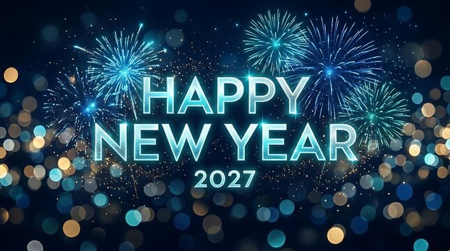 Happy New Year 2027 blue glowing text with festive fireworks background