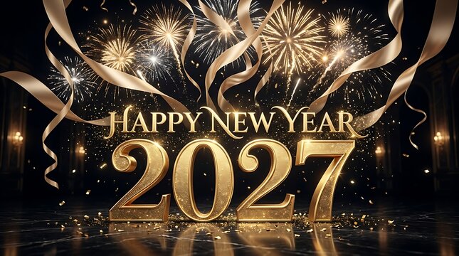 Happy New Year 2027 celebration background with golden numbers and festive fireworks display