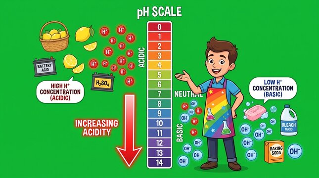 Cartoon character explaining pH scale with acidic and basic chemical examples infographic