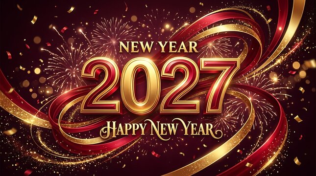 Happy New Year 2027 elegant greeting card with gold and red ribbons and fireworks