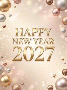 Happy New Year 2027 golden luxury greeting card background with shiny spheres and festive confetti elements