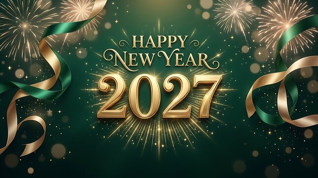 Happy New Year 2027 greeting card with gold typography and festive ribbons on a dark green background