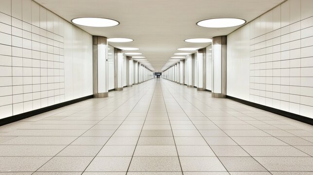 A long, white corridor with a tiled floor and circular lights.