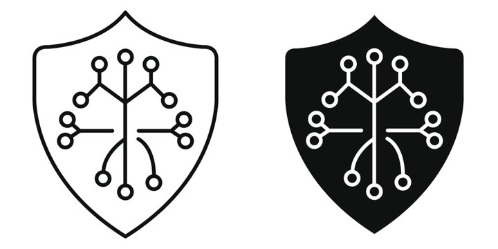 AI Ethics Shield Vector Icon, Artificial Intelligence Governance, Data Protection, Cyber Security, Neural Network Protection Line Art Symbol, Editable Stroke Technology Logo Concept
