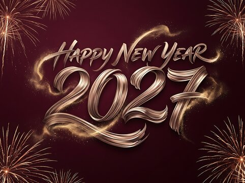 Happy New Year 2027 greeting card with luxury gold ribbon typography and golden fireworks on a dark red background