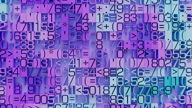 Vibrant Abstract Digital Mosaic Featuring Complex Geometric Shapes and Numbers in Multicolored Arrangement for Modern Design, Technology Backgrounds, and Creative Projects