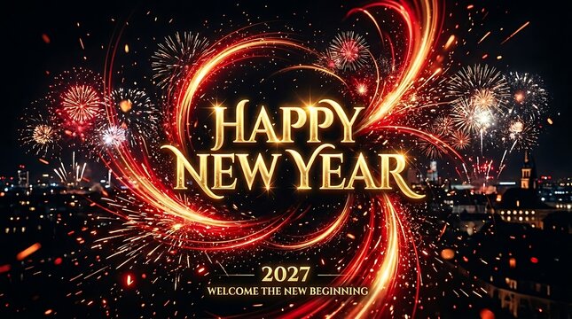 Happy New Year 2027 greeting card with golden text and beautiful fireworks display in the night sky