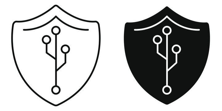 AI Ethics Shield Icon Vector Set &ndash; Artificial Intelligence Security, Data Protection, and Digital Technology Concept (Editable Stroke Line and Solid Glyph Black/White Symbols)