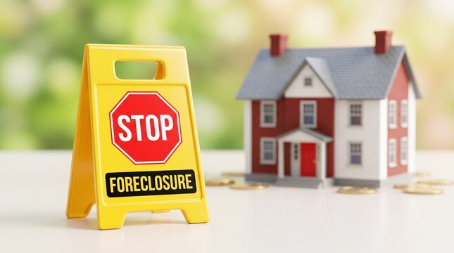Stop foreclosure concept with miniature house and warning sign on the table