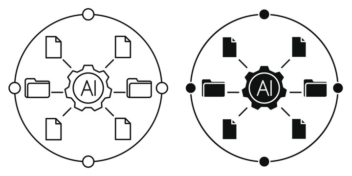 AI Agent Automation Concept Vector Illustration, Artificial Intelligence Document Processing, Data Management, Files and Folders Network Icon Set with Editable Stroke and Silhouette Options