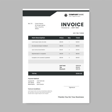 Minimal invoice layout template. Clean business invoice design. Bill payment, Bill Receipt and payment agreement