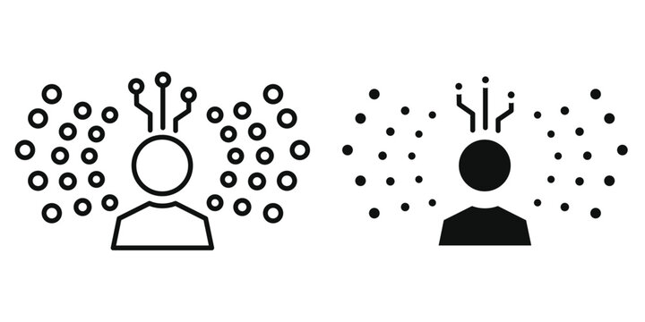 AI Agent Vector Icon Set, Artificial Intelligence Humanoid Bot Concept with Neural Connections, Editable Stroke & Solid Silhouette