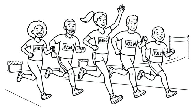 Marathon Runners Line Art Illustration of Diverse People Crossing Finish Line