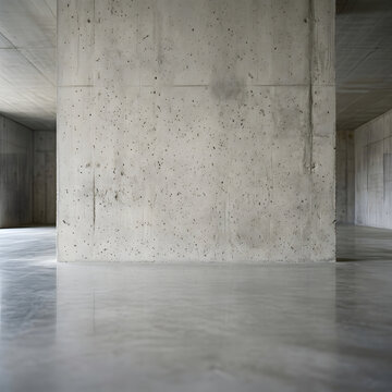 Modern minimalist industrial interior featuring raw concrete walls and a polished reflective grey floor in a brutalist architectural style