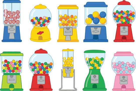 Vintage gumball machine vector illustration set featuring various colorful retro candy dispensers, bubblegum globes, toy capsule vending machines, and sweet shop elements.