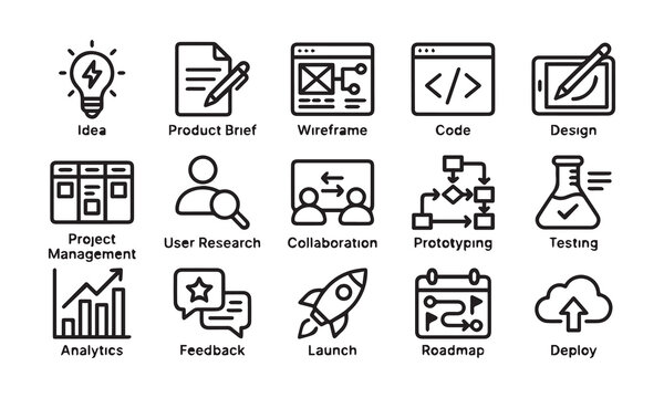 Business process flow line icons illustrating full product lifecycle development.