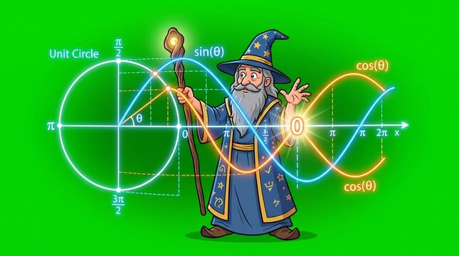 Cartoon wizard casts glowing magic math formulas in neon hologram study session
