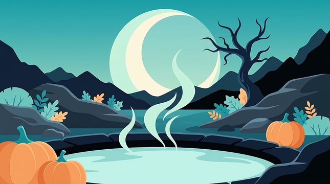 Halloween steaming hot spring pool at night with full moon and pumpkins