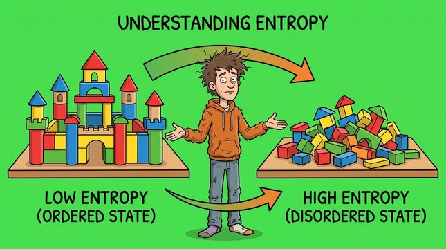 Educational illustration of entropy showing ordered and disordered states with building blocks