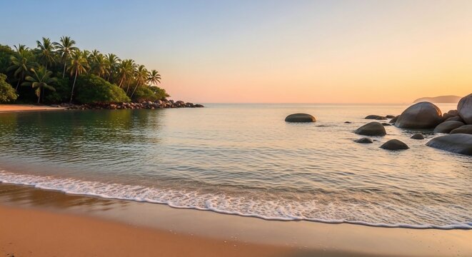 Tranquil beach scene at sunset with calm water and lush greenery