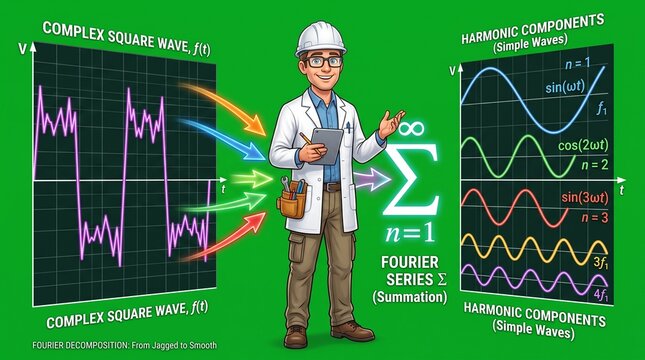Engineer explaining Fourier series decomposition of complex square waves on green screen