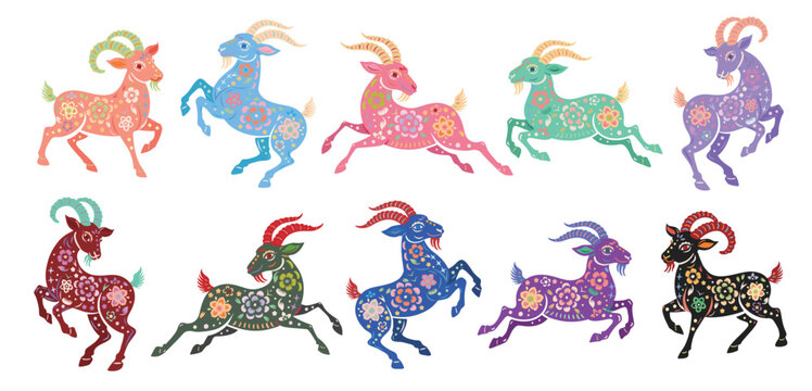 2027 Year of the Goat Colorful Floral Paper Cut Style Chinese Zodiac Goat Set, Ten Traditional Folk Art Goats in Running and Jumping Poses for Lunar New Year and Chinese New Year Designs