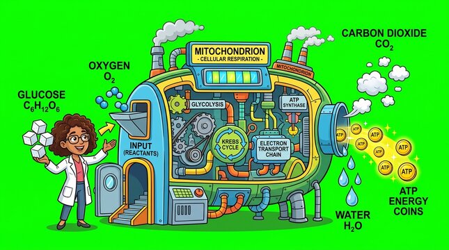 Scientist explaining cellular respiration process inside a mitochondrion factory illustration