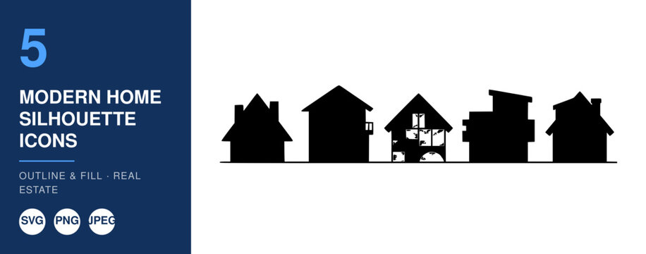 Modern Home Silhouettes Icons Set, Real Estate Design, Outline and Fill Style, Vector Illustration, Property Concept.