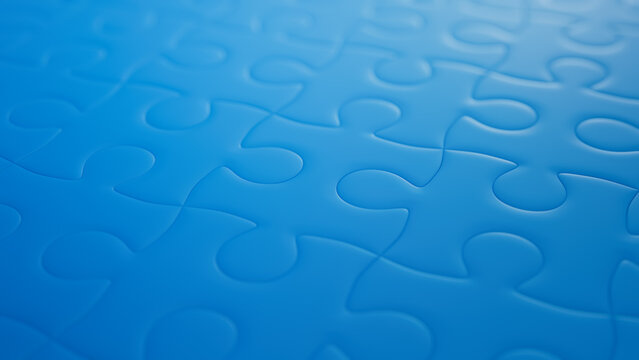 Close up of Blue Jigsaw Puzzle Pieces. Abstract Synergy Concept Backdrop.