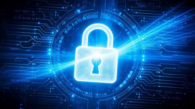 Glowing digital padlock with futuristic blue cyber security and data protection concept