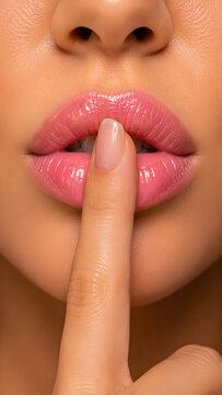 Close up of woman with glossy pink lips making a quiet hush gesture with her finger