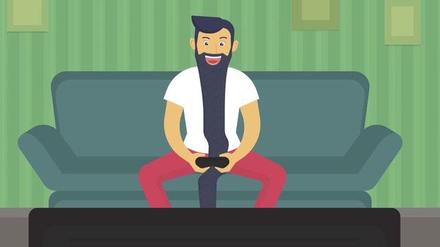 2D Animated Gamer Man Sitting on Sofa Holding Controller Playing Video Game Flat Vector Character Motion Graphics Animation Footage