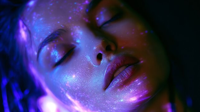 Young woman's face illuminated with vibrant blue and purple neon light, conveying futuristic beauty and a sense of dreamy, otherworldly radiance