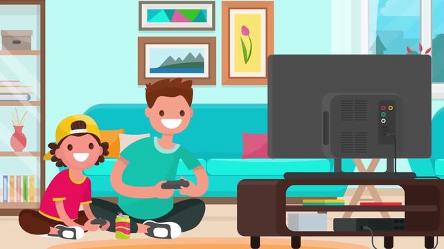 2D Animated Father and Son Sitting on Floor Playing Video Game on TV in Living Room Flat Vector Character Animation Footage
