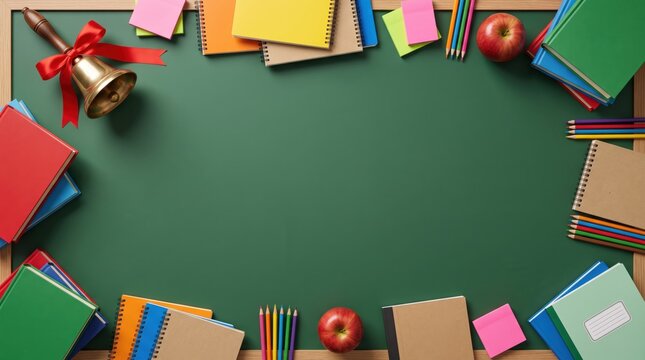 Autumn school background with books, notebooks, pencils, apple and bell arranged around an empty green chalkboard. Copy space. Back to school designs