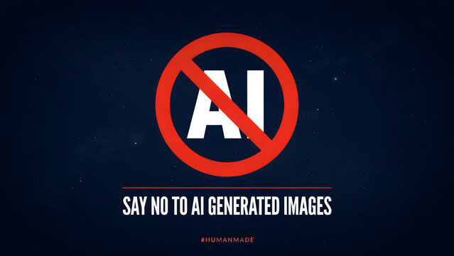 Stop AI generated images sign with text say no to human made.