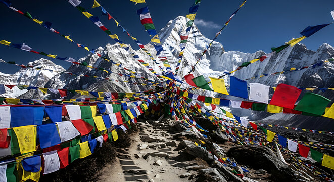 Sacred Buddhist Prayer Flags Fluttering High Mountain Pass Himalayas