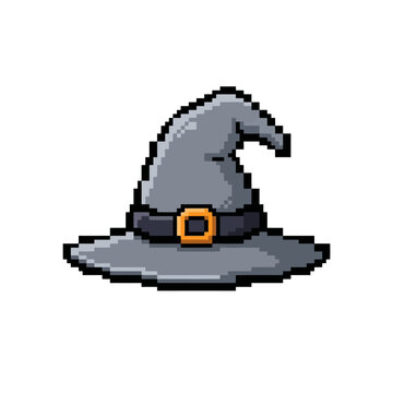 vector illustration of Gray pixel art witch hat with golden buckle Vector, illustration , Happy Halloween, Halloween, Halloween Icons