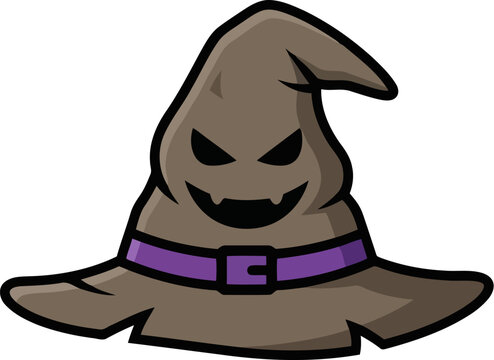 vector illustration of Cartoon witch hat with purple band and smiley face Vector, illustration , Happy Halloween, Halloween, Halloween Icons