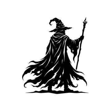 vector illustration of Witch with staff holding a magic wand in dark cloak Vector, illustration , Happy Halloween, Halloween, Halloween Icons
