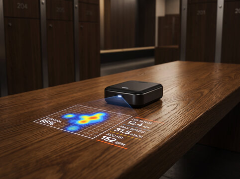 Futuristic projector displays athletic performance data on wooden table in locker room setting.