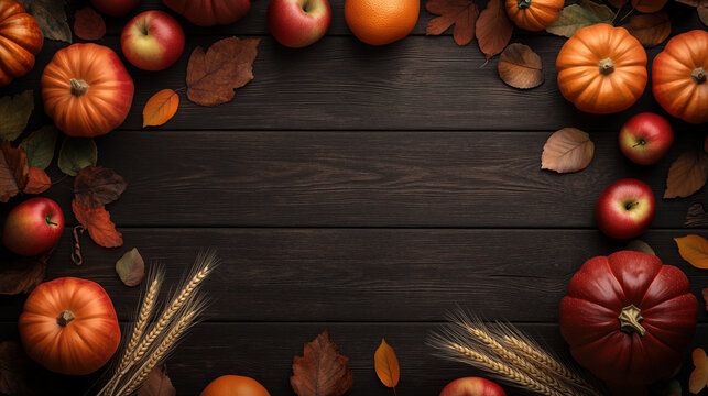 Autumn flat lay with pumpkins, apples, leaves and wheat arranged around a dark wooden background, creating a seasonal harvest composition with generous copy space