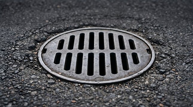 Round cast iron sewer manhole cover with vertical slots installed on a dark asphalt road surface for city drainage and urban development concept.