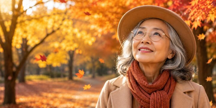 Smiling Asian senior woman enjoying the beauty of a colorful autumn park, looking at nature surrounded by golden foliage, peaceful seasonal lifestyle and appreciation of nature