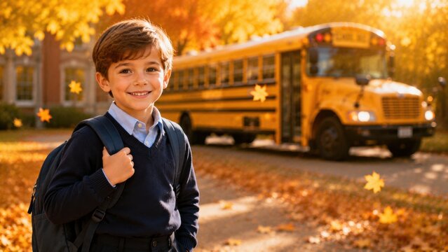 Smiling schoolboy with a backpack standing beside a yellow school bus surrounded by autumn foliage, representing education, school transportation and back to school
