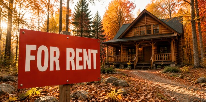 Red "FOR RENT" sign in front of a cozy wooden cabin surrounded by colorful autumn foliage, representing seasonal vacation rental, real estate and countryside living