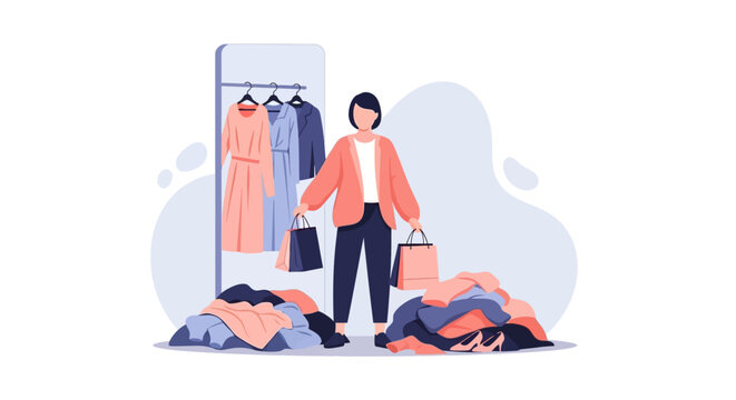 Clothing rack with colorful dresses and shopping bags in flat vector art