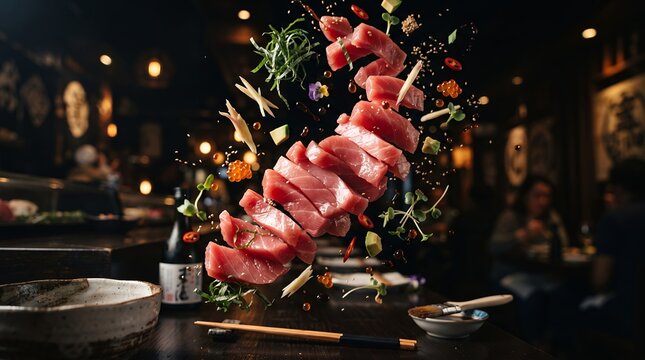 Fresh tuna slices hover in midair with herbs and spices over a restaurant table at night.